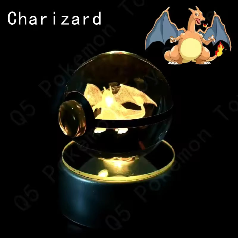 3D Pokemon Crystal Ball 5CM Mewtwo Pikachu Gengar Crystal Glass Pokemon Ball Pokeball Figure Night Light LED Lamp Base Gift
