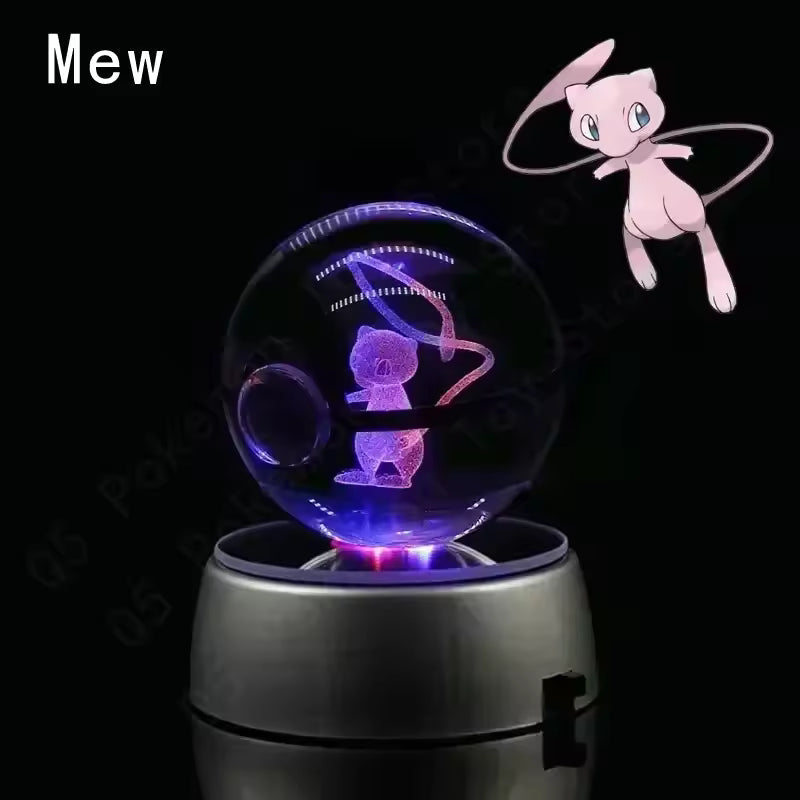 3D Pokemon Crystal Ball 5CM Mewtwo Pikachu Gengar Crystal Glass Pokemon Ball Pokeball Figure Night Light LED Lamp Base Gift