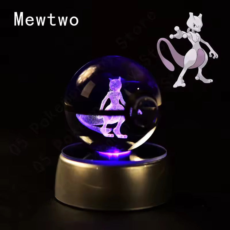 3D Pokemon Crystal Ball 5CM Mewtwo Pikachu Gengar Crystal Glass Pokemon Ball Pokeball Figure Night Light LED Lamp Base Gift