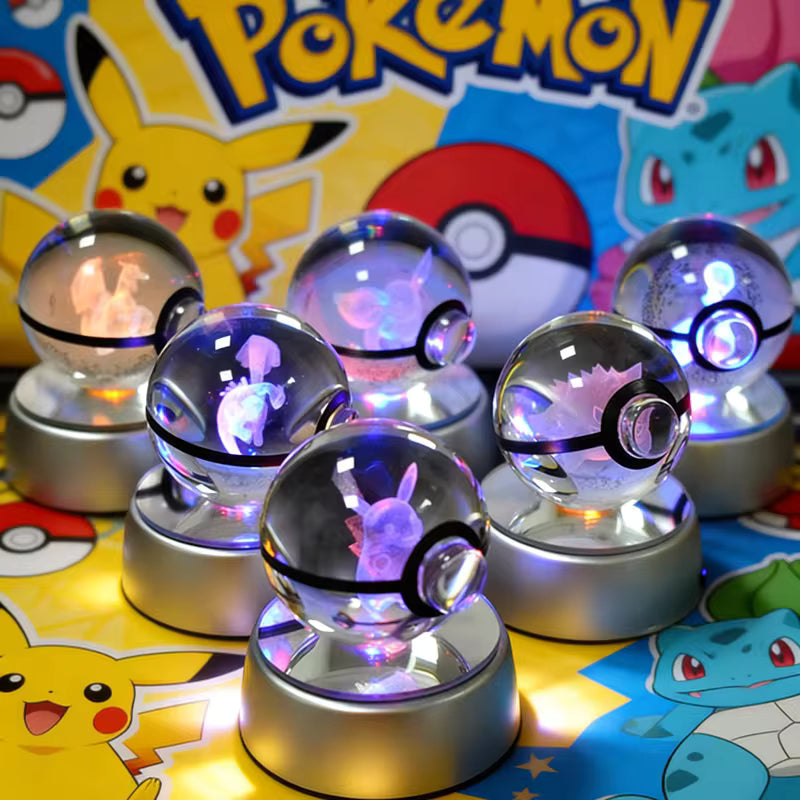 3D Pokemon Crystal Ball 5CM Mewtwo Pikachu Gengar Crystal Glass Pokemon Ball Pokeball Figure Night Light LED Lamp Base Gift