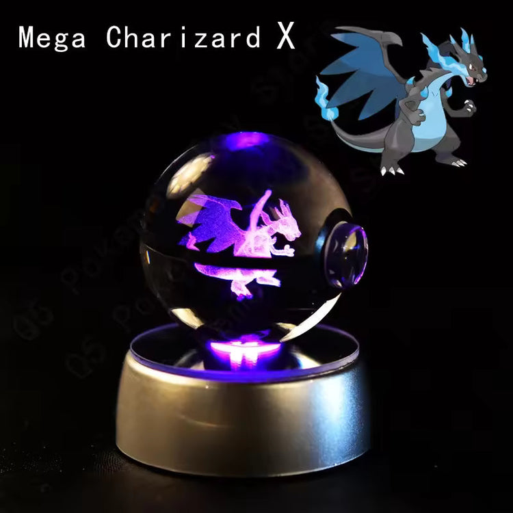3D Pokemon Crystal Ball 5CM Mewtwo Pikachu Gengar Crystal Glass Pokemon Ball Pokeball Figure Night Light LED Lamp Base Gift