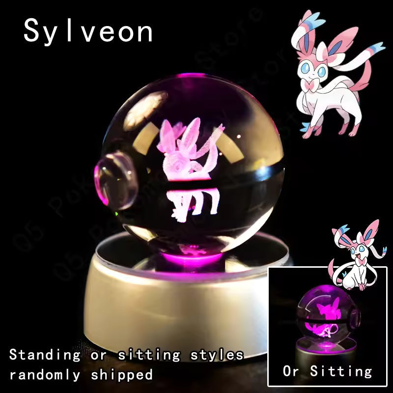 3D Pokemon Crystal Ball 5CM Mewtwo Pikachu Gengar Crystal Glass Pokemon Ball Pokeball Figure Night Light LED Lamp Base Gift
