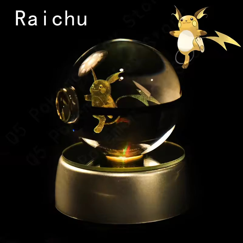 3D Pokemon Crystal Ball 5CM Mewtwo Pikachu Gengar Crystal Glass Pokemon Ball Pokeball Figure Night Light LED Lamp Base Gift
