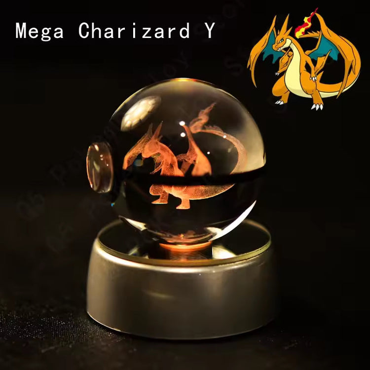 3D Pokemon Crystal Ball 5CM Mewtwo Pikachu Gengar Crystal Glass Pokemon Ball Pokeball Figure Night Light LED Lamp Base Gift