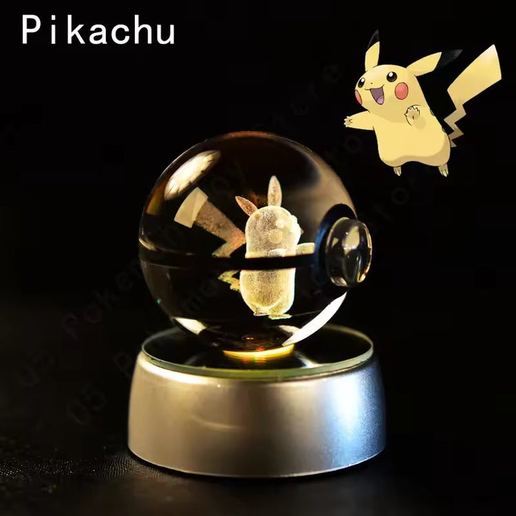 3D Pokemon Crystal Ball 5CM Mewtwo Pikachu Gengar Crystal Glass Pokemon Ball Pokeball Figure Night Light LED Lamp Base Gift