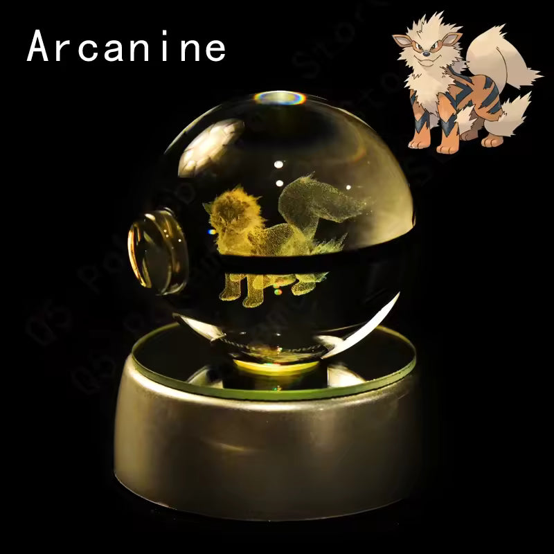 3D Pokemon Crystal Ball 5CM Mewtwo Pikachu Gengar Crystal Glass Pokemon Ball Pokeball Figure Night Light LED Lamp Base Gift