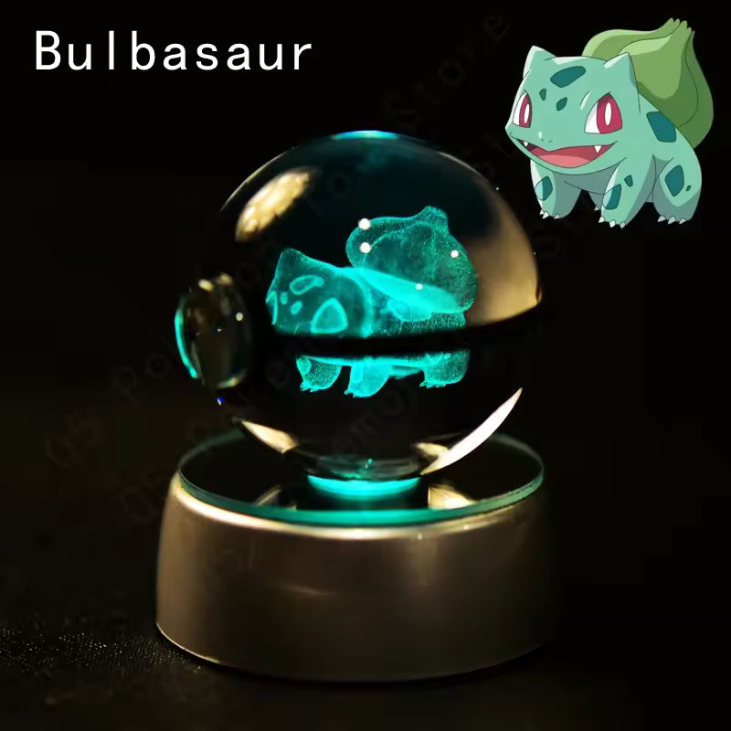 3D Pokemon Crystal Ball 5CM Mewtwo Pikachu Gengar Crystal Glass Pokemon Ball Pokeball Figure Night Light LED Lamp Base Gift