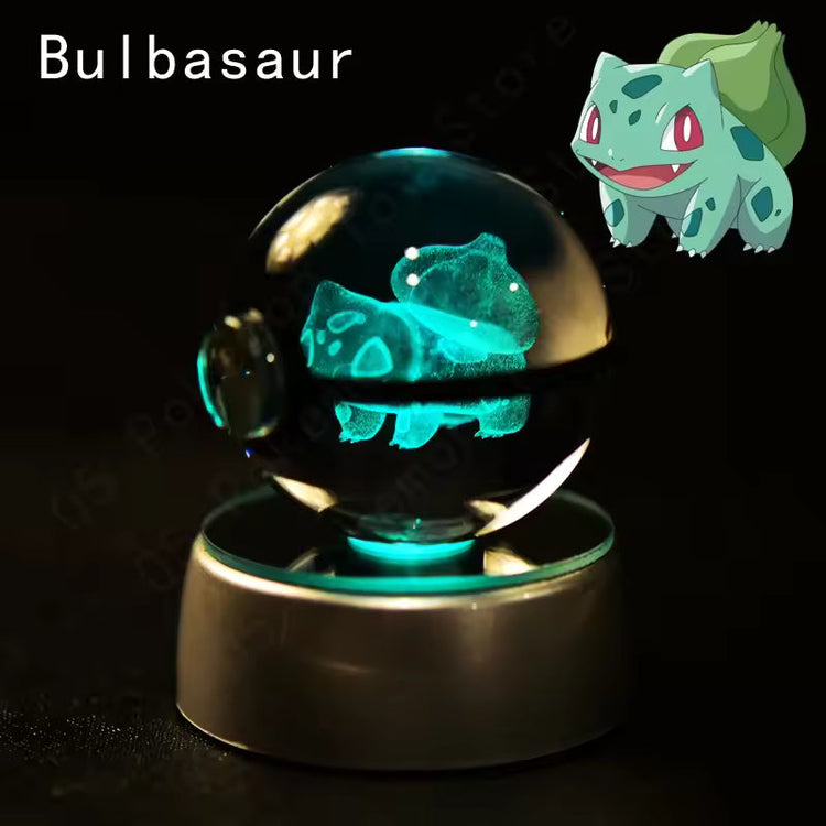 3D Pokemon Crystal Ball 5CM Mewtwo Pikachu Gengar Crystal Glass Pokemon Ball Pokeball Figure Night Light LED Lamp Base Gift